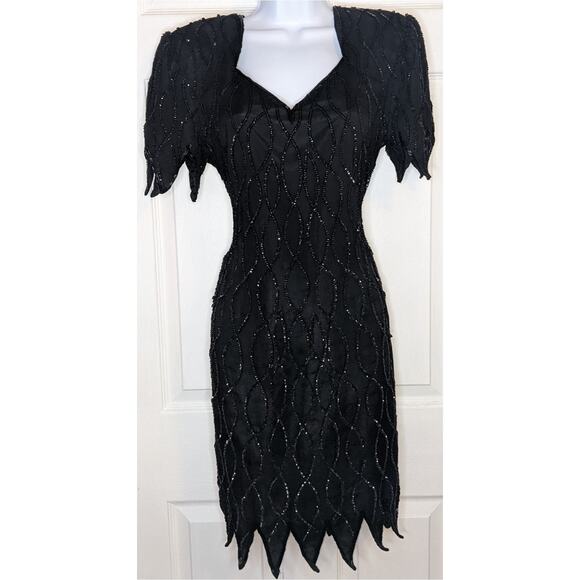 Mark & John by Gopal Vintage Black Sequined Beaded Silk Cocktail Evening Dress L - Picture 2 of 14